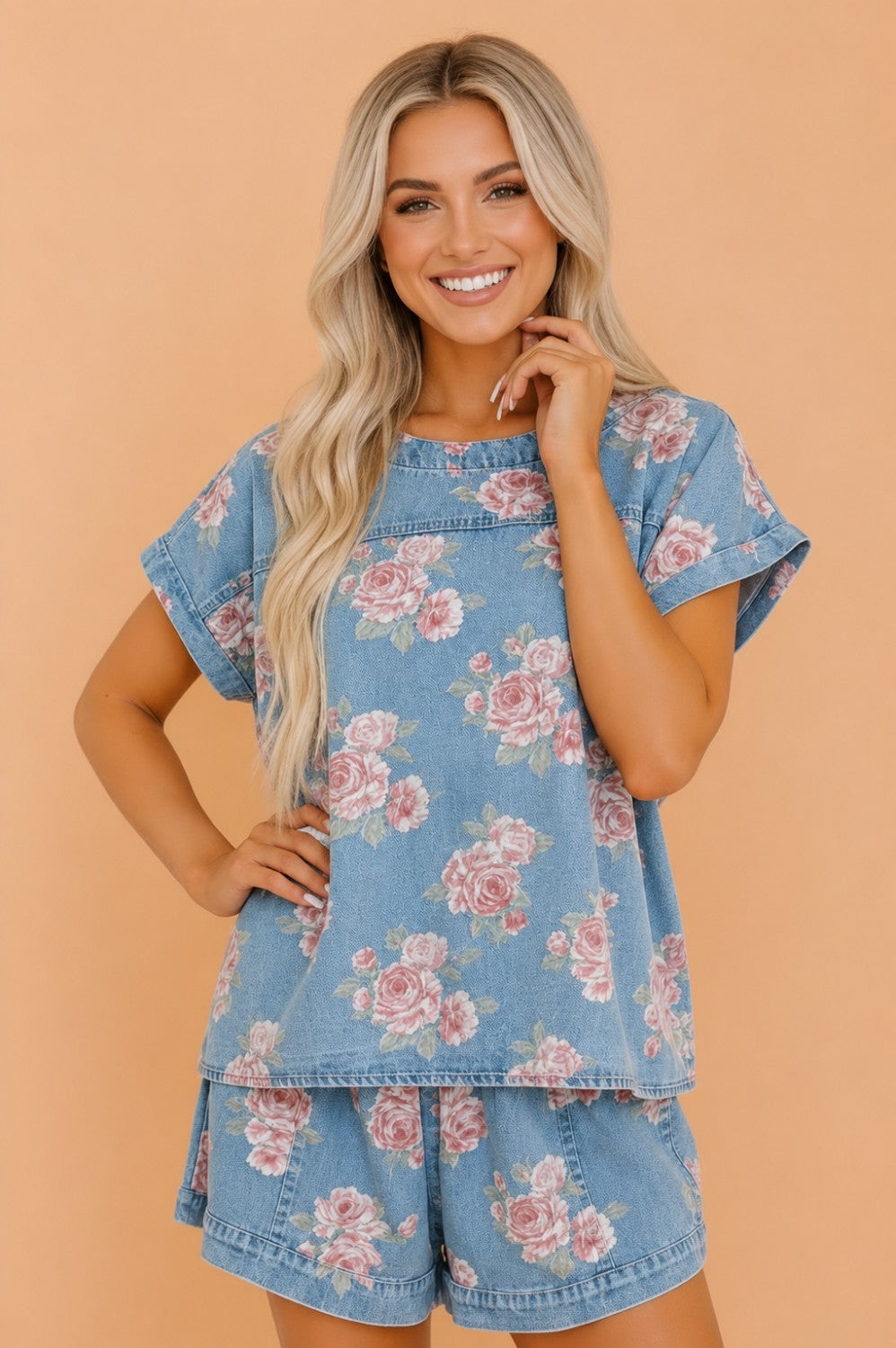 Floral Denim Short Sleeve Top & Loose Shorts Set