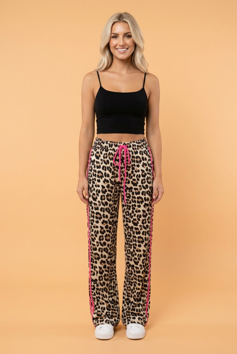 Leopard Tie Waist Contrast Detail Casual Pants