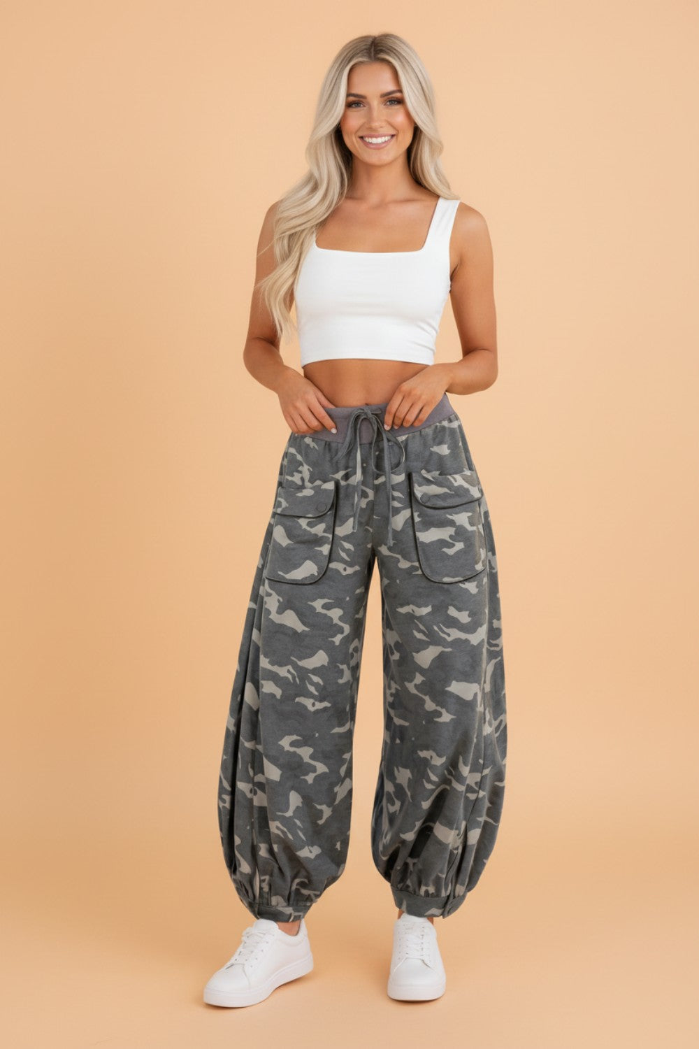 Camo Drawstring Contrast Waistband Barrel Cargo Pants