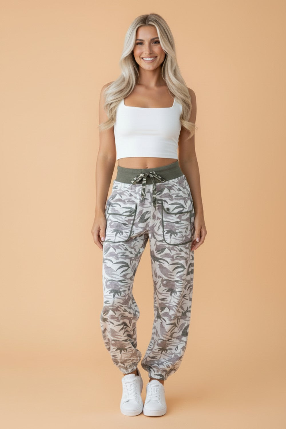 Camo Drawstring Contrast Waistband Barrel Cargo Pants