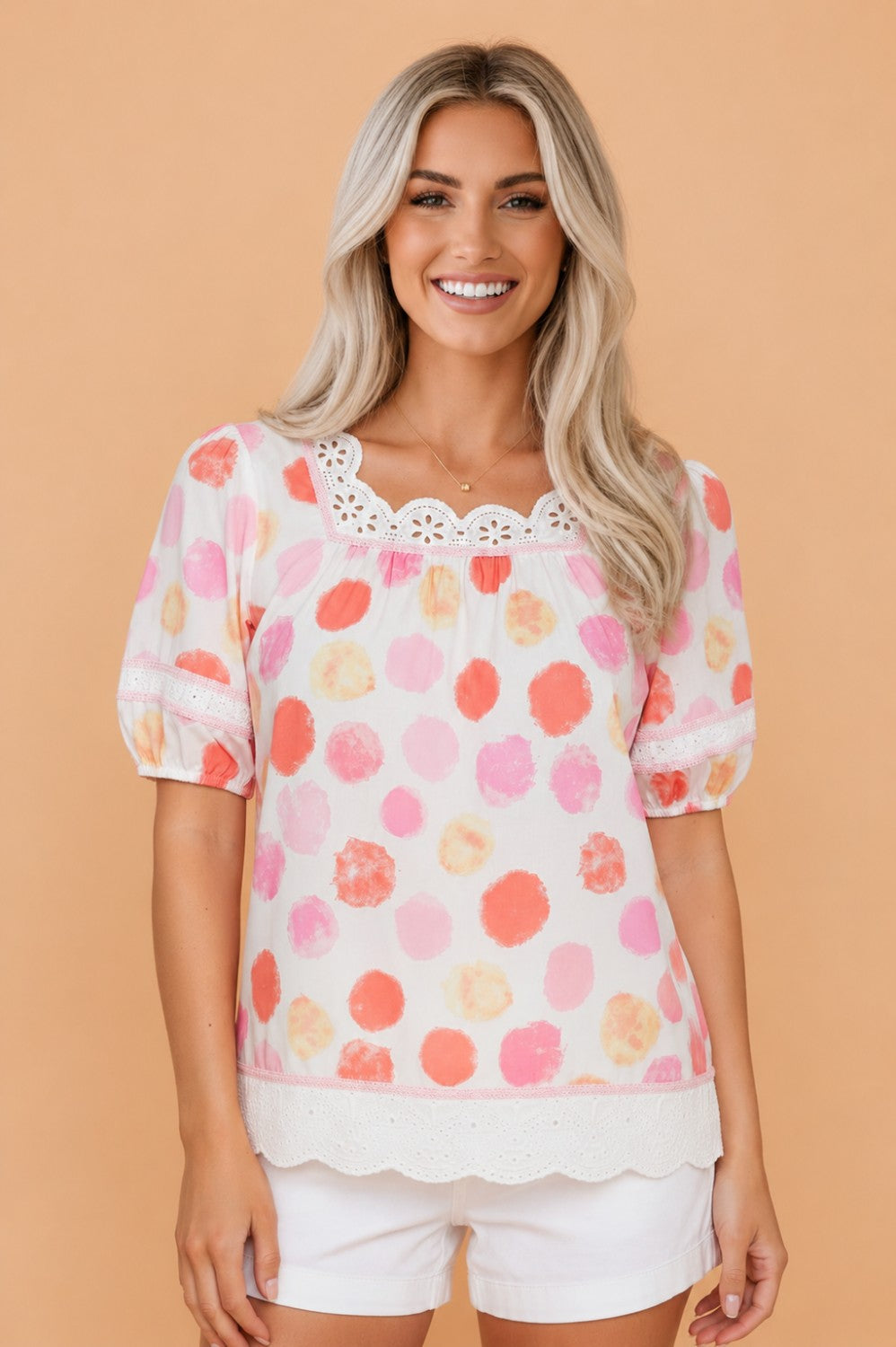 Polka Dot Lace Trim Square Neck Puff Sleeve Blouse