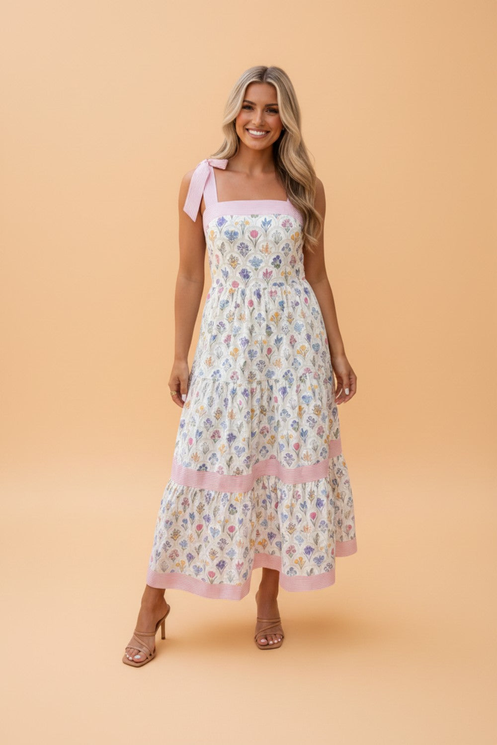 Floral Stripe Detail Knot Strap Maxi Dress