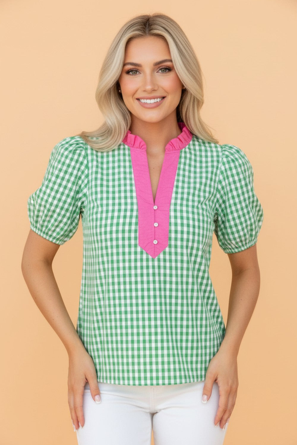 Gingham Bubble Sleeve Colorblock Trim V-Neck Blouse
