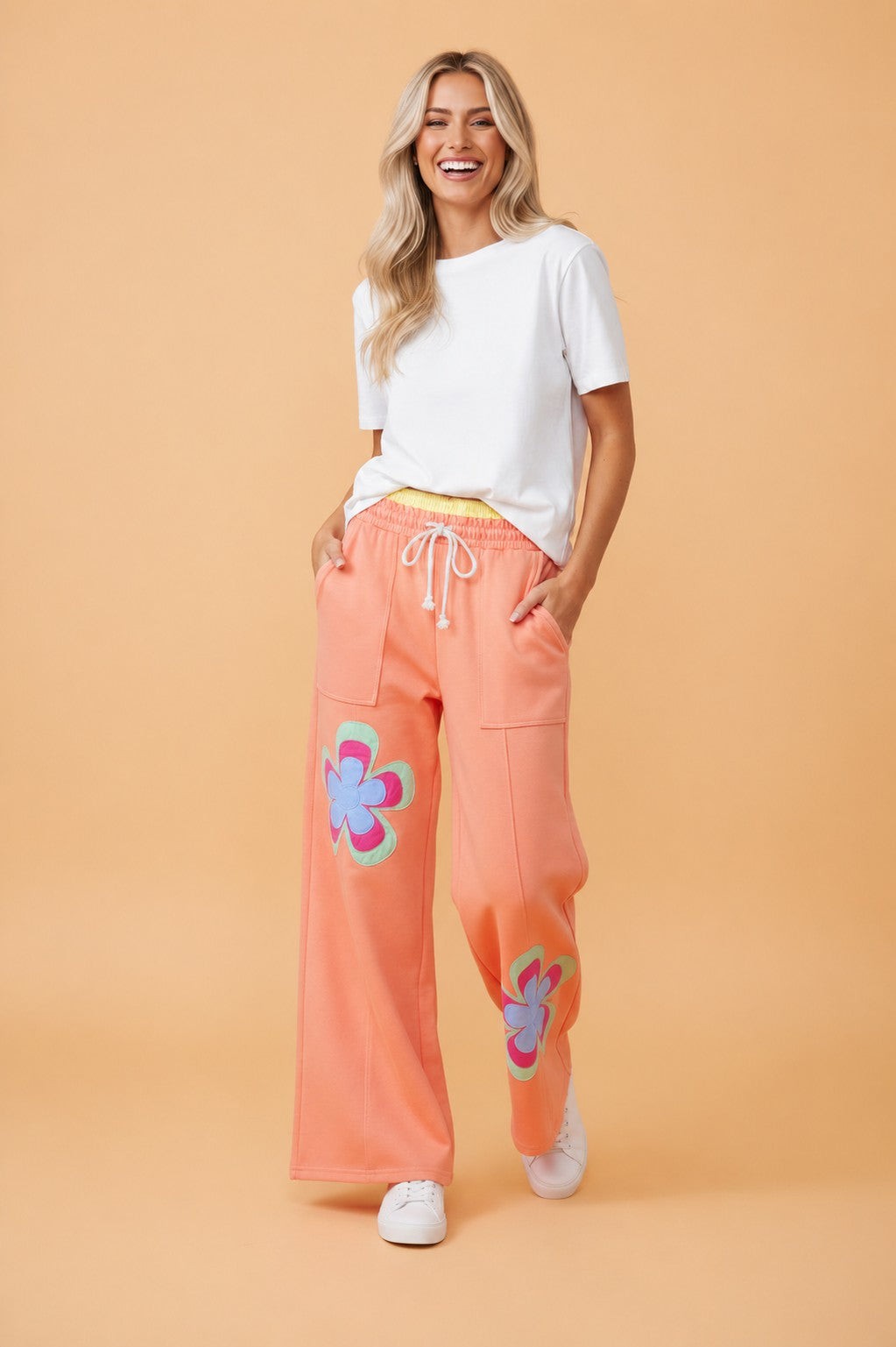 Colorblock Flower Patchwork Drawstring Wide Leg Pants