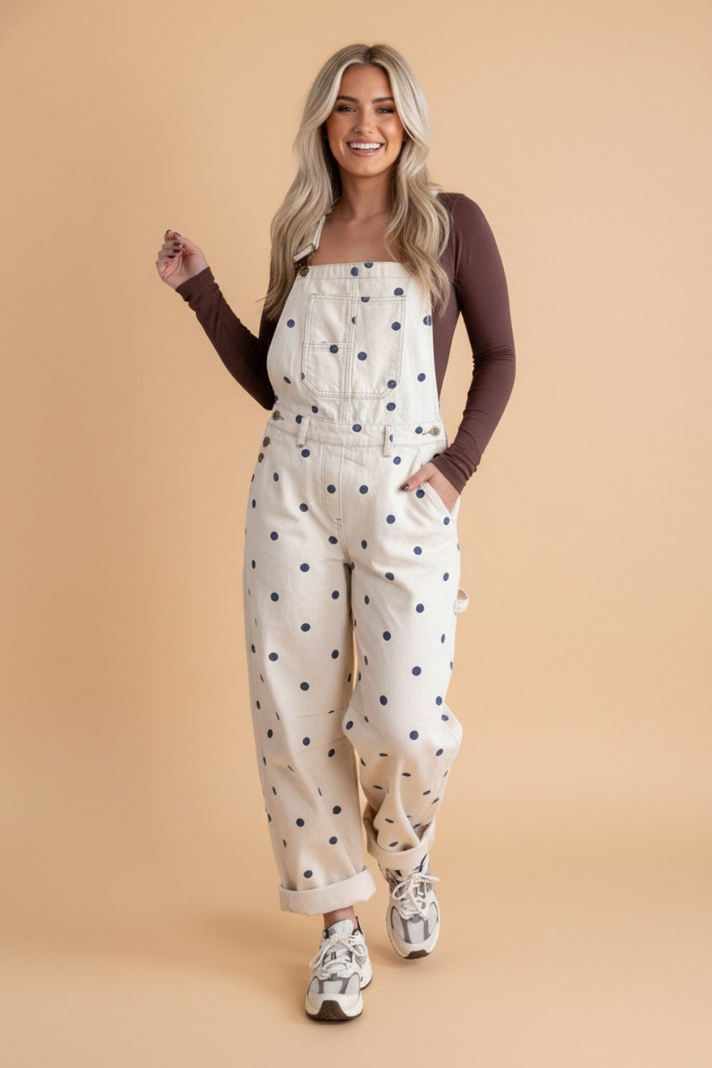 Polka Dot Denim Barrel Leg Overalls Jumpsuit