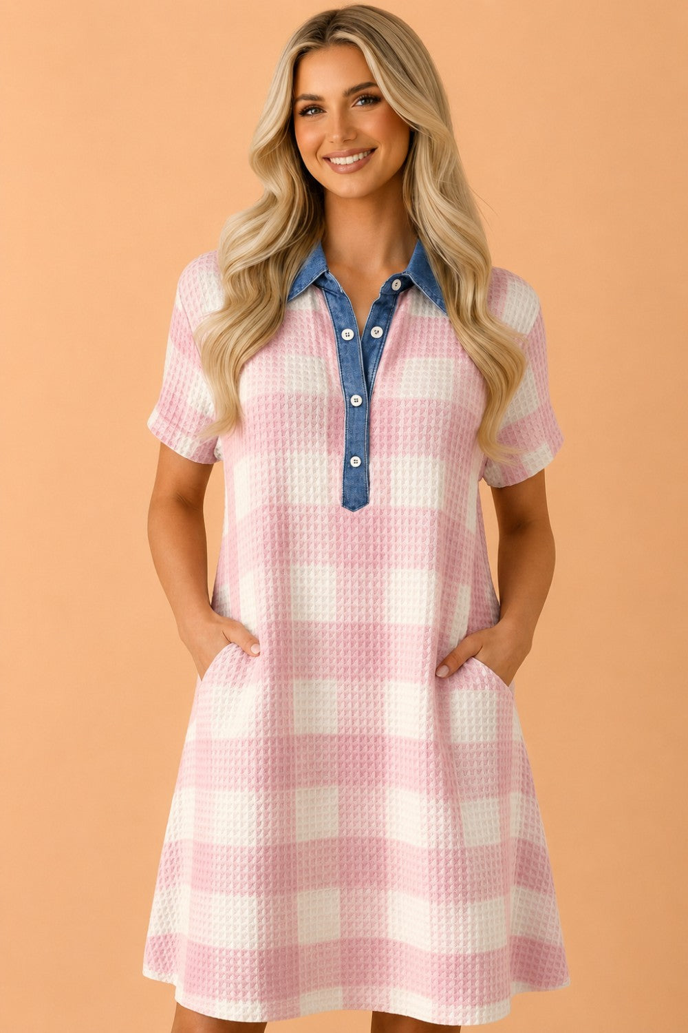 Plaid Contrast Denim Collared T-Shirt Mini Dress
