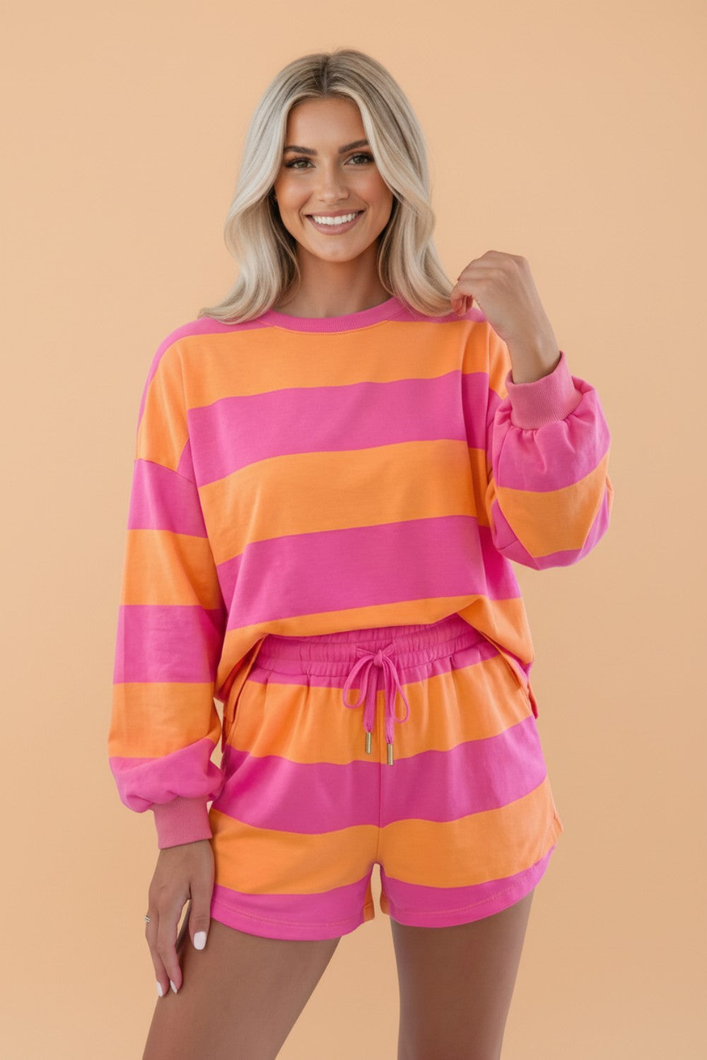 Stripe Long Sleeve Top & Drawstring Shorts Set