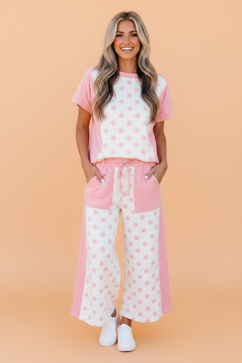 Polka Dot Patchwork Top & Wide Leg Pants Set