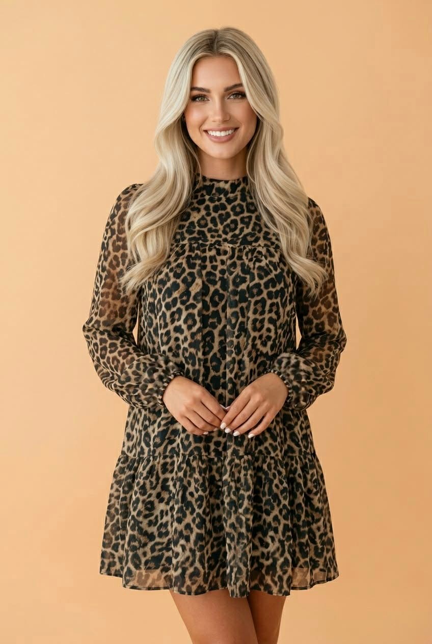 Leopard Long Sleeve Shift Mini Dress
