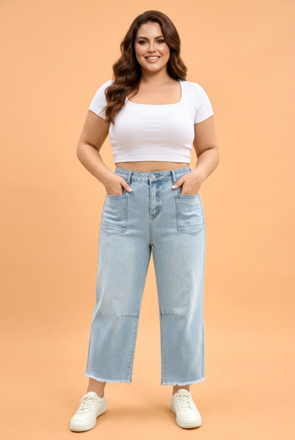 Plus Size Seam Patch Pocket Raw Cut Jeans