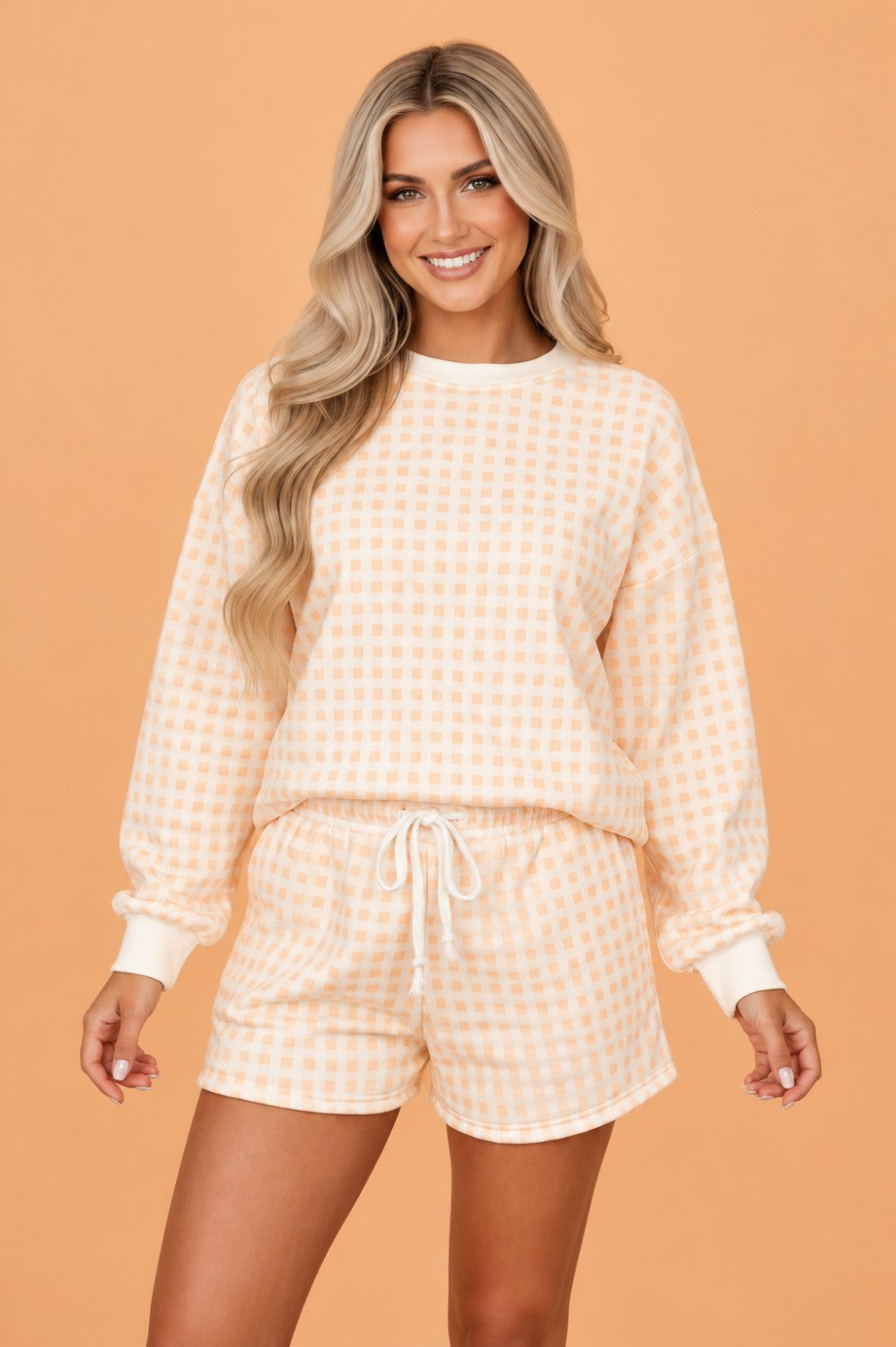 Gingham Plaid Baggy Pullover and Drawstring Shorts Set