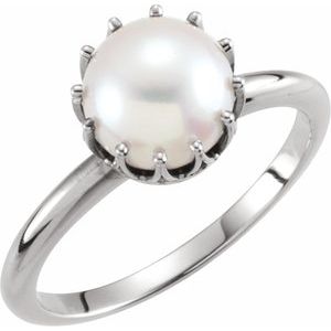 14K White Gold Cultured White Freshwater Pearl Crown Ring