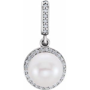 14K White Gold Cultured White Freshwater Pearl & .08 CTW Natural Diamond Pendant