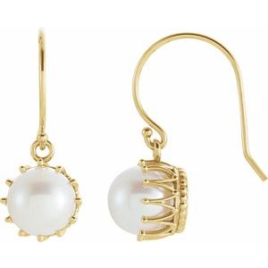 14K Yellow Gold Cultured White Freshwater Pearl Crown Earrings