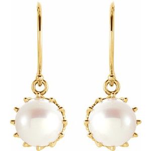 14K Yellow Gold Cultured White Freshwater Pearl Crown Earrings