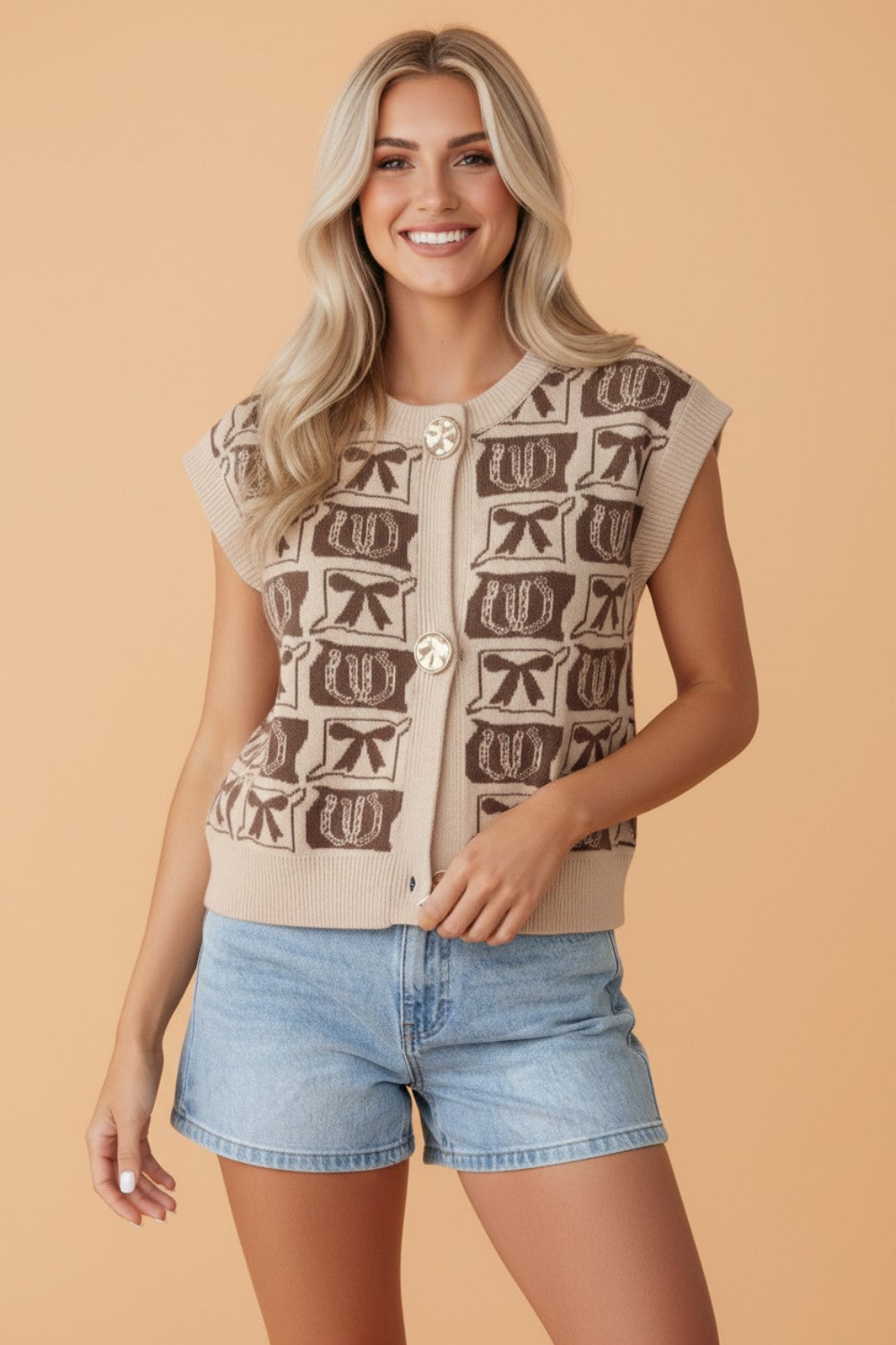 Western Horseshoe Bow Pattern Button Front Sleeveless Knit Top