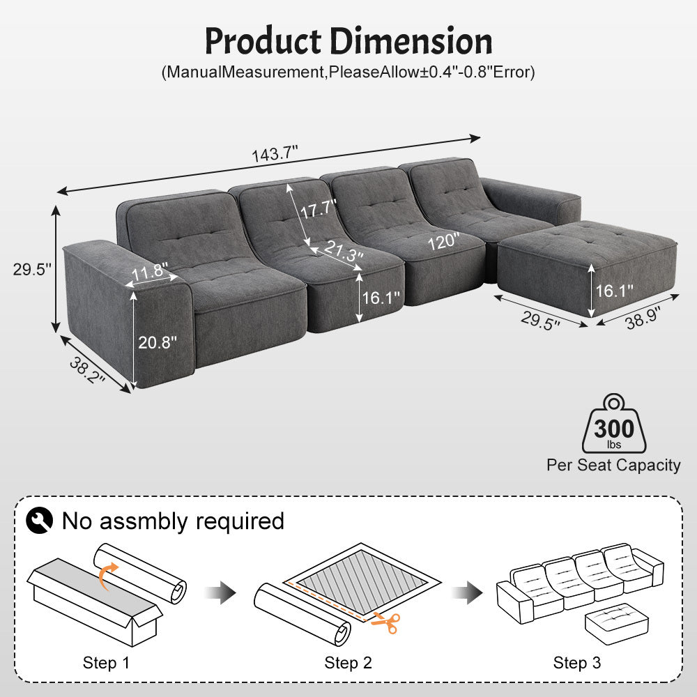 143.7' Modular Sectional Sofa Set with Removable Ottoman,Tufted Design, Deep Seat Couch, Chaise & Accent Chair,Modern DIY Sparkling Chenille Sofa for Living Room, Apartment, Office