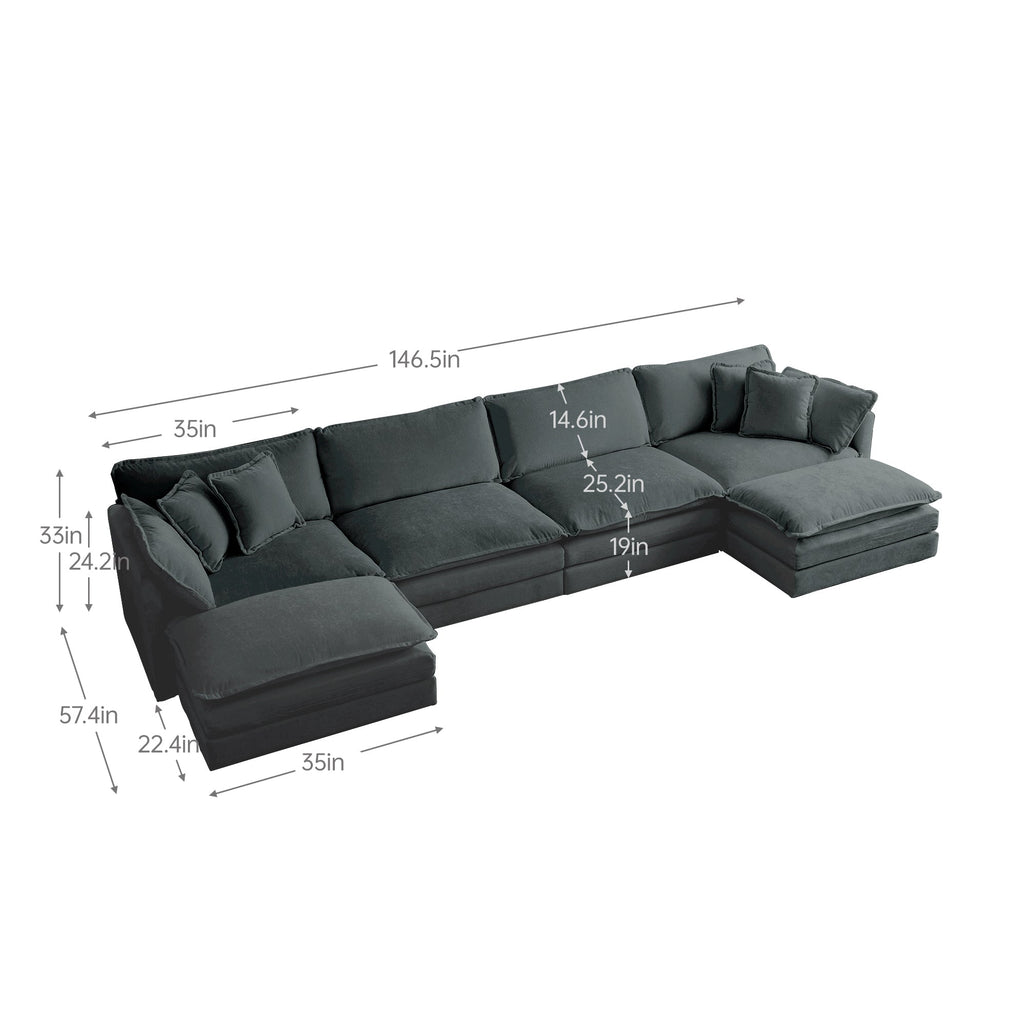 Comfort U Shaped Couch with Reversible Chaise, Modular Large U-Shape Sectional Sofa, Double Extra Ottomans,Gray Chenille