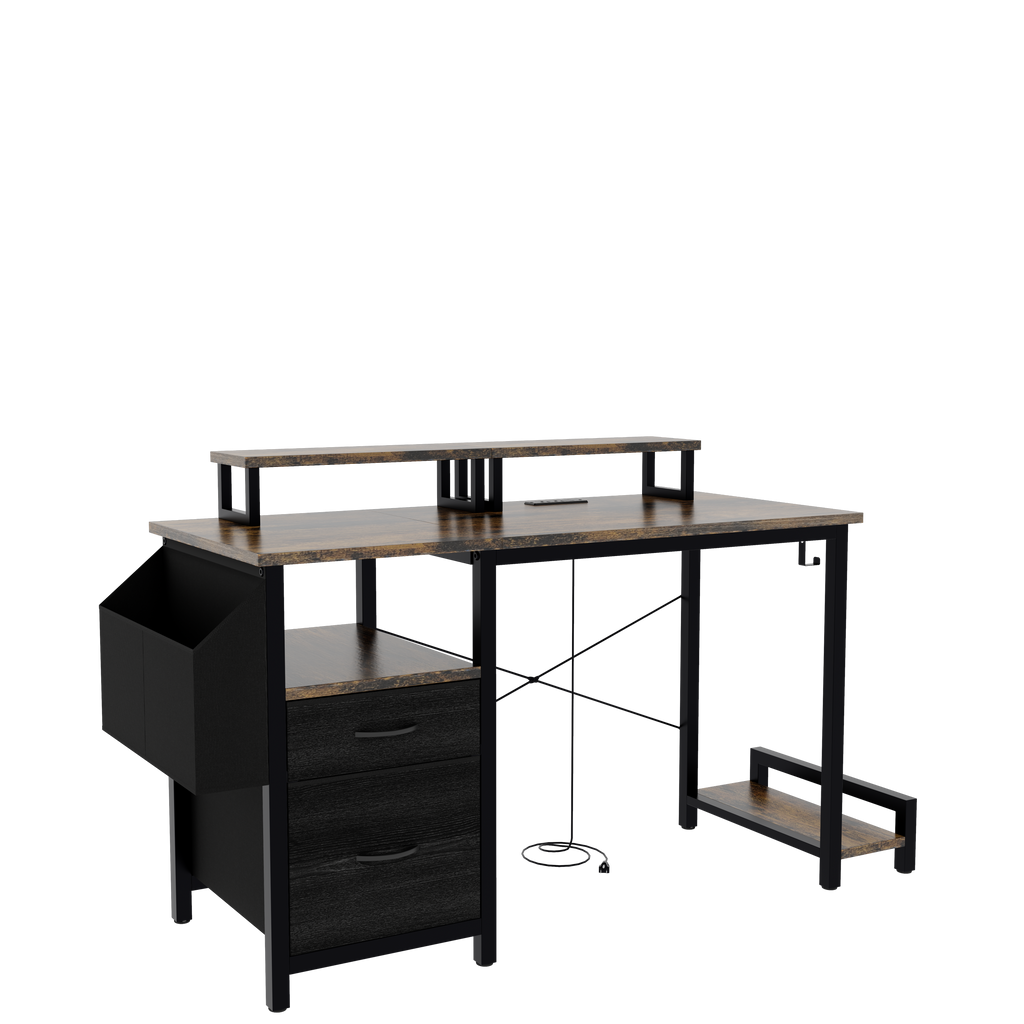 Computer Desk with Drawer and Power Outlets, 47' Office Desk with 2 Monitor Stands and Fabric File Cabinet, Writing Gaming Table with Shelves and Hooks for Home Office, Rustic Brown