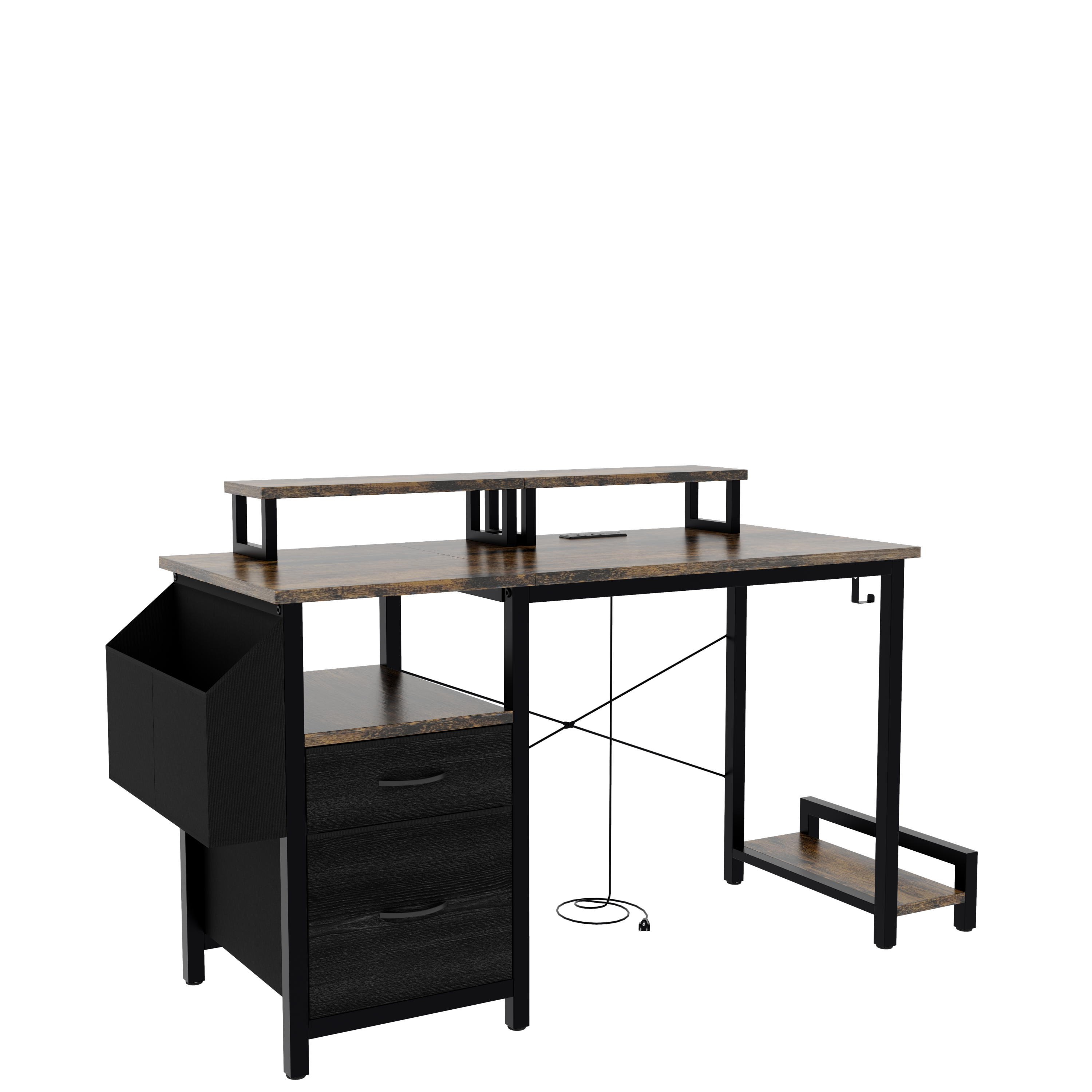 Computer Desk with Drawer and Power Outlets, 47' Office Desk with 2 Monitor Stands and Fabric File Cabinet, Writing Gaming Table with Shelves and Hooks for Home Office, Rustic Brown