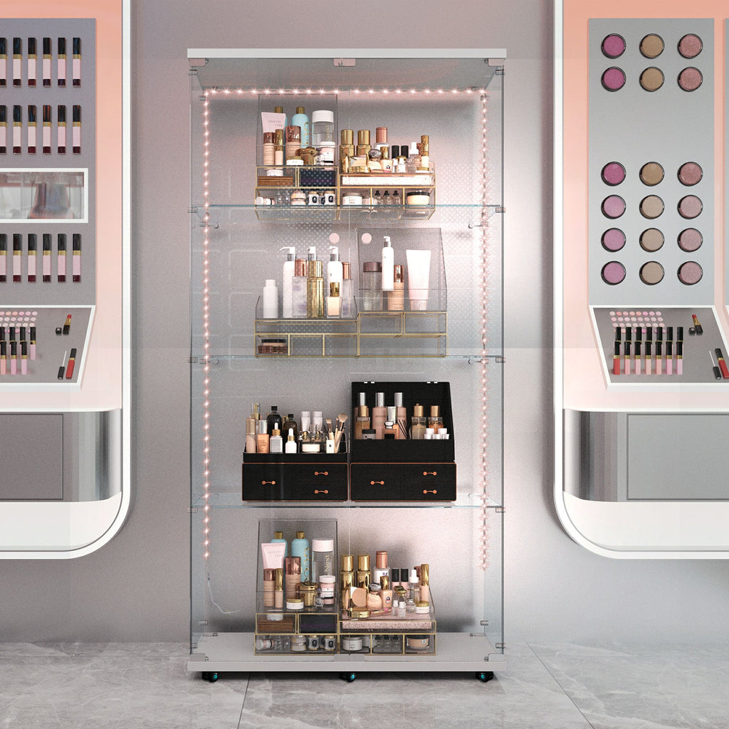 Tempered glass display cabinet, wine cabinet,storage cabinet,file cabinet,with Bluetooth LED light strip,lock on the door,equipped with cast,easy to move,for living room, bedroom,hallway,Office,white