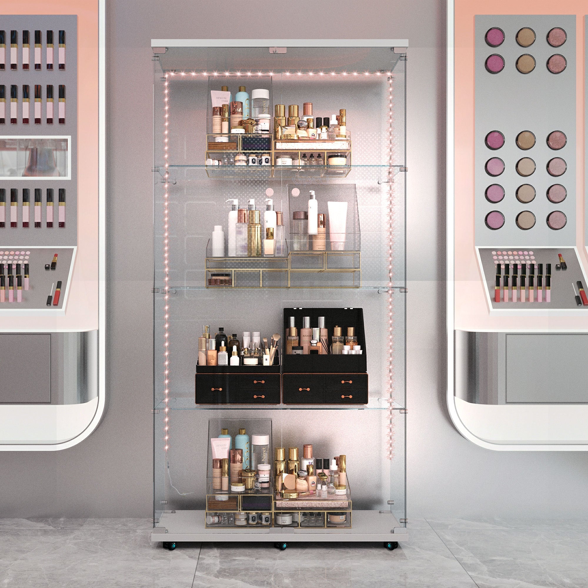 Tempered glass display cabinet, wine cabinet,storage cabinet,file cabinet,with Bluetooth LED light strip,lock on the door,equipped with cast,easy to move,for living room, bedroom,hallway,Office,white