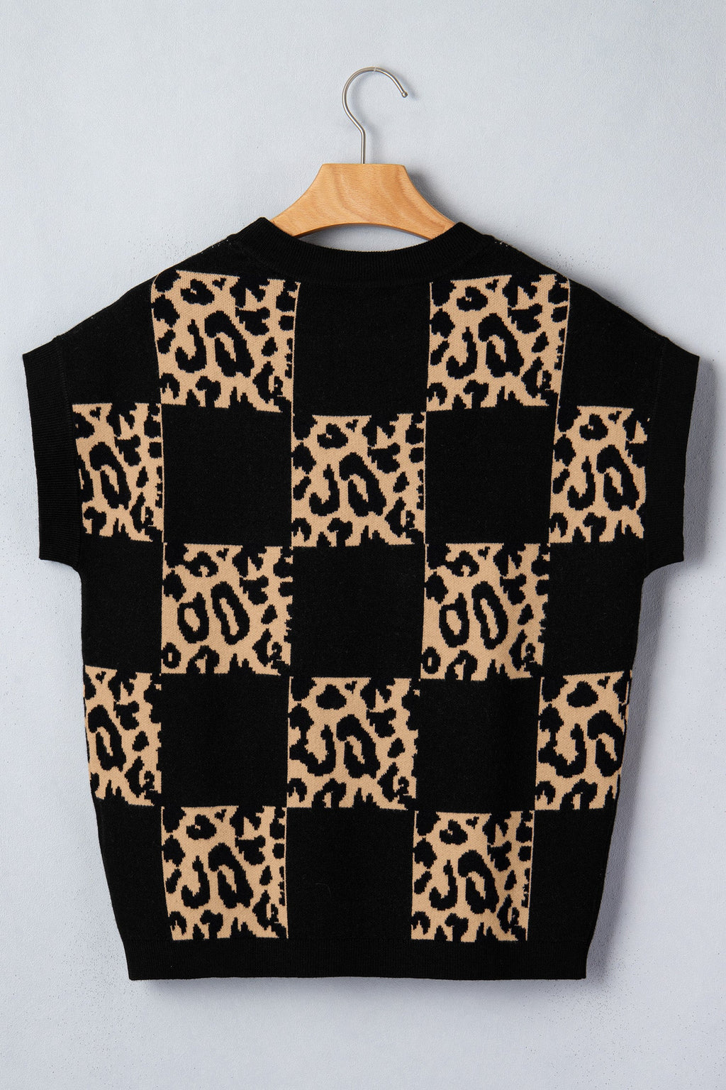Leopard Checker Short Sleeve Knit Sweater