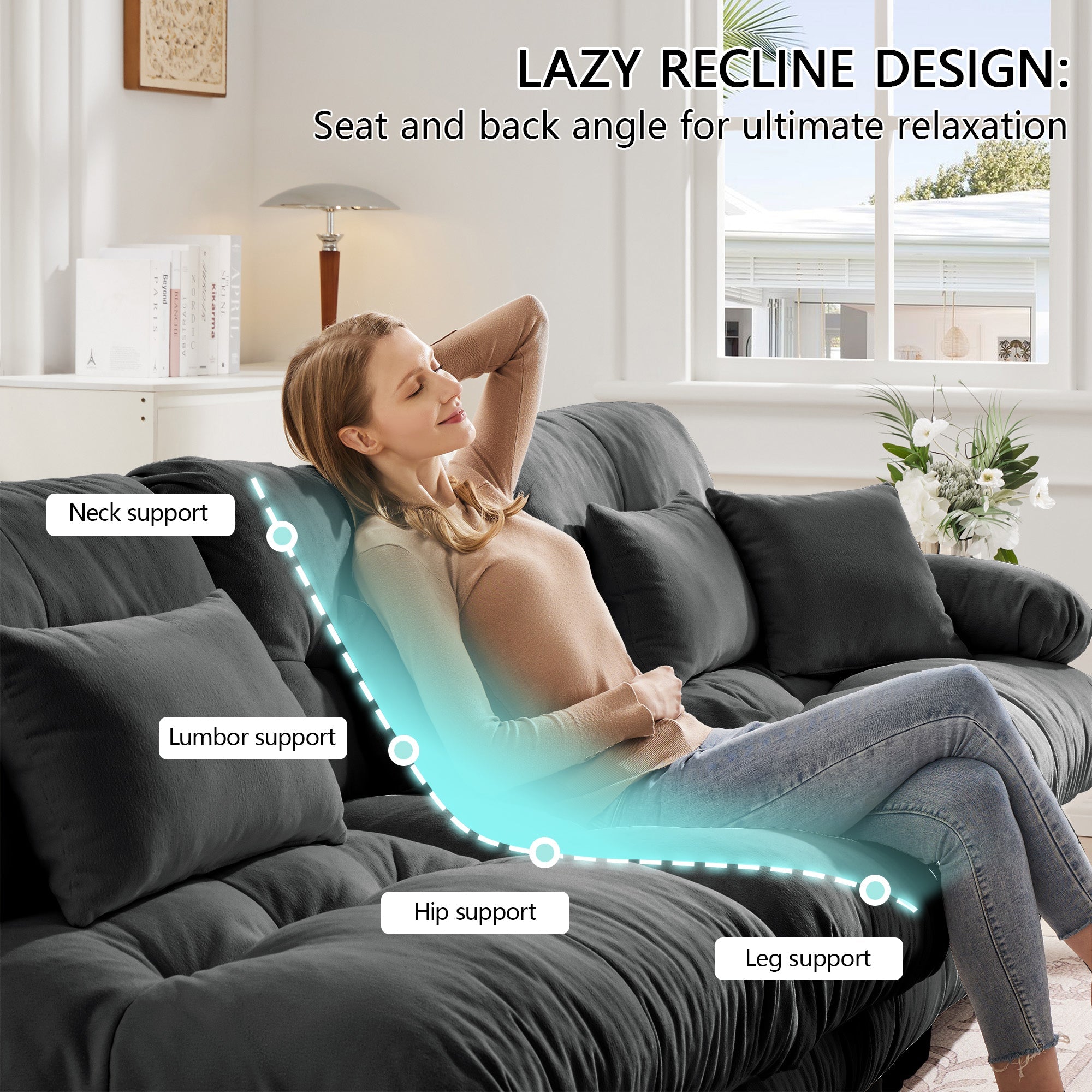 Cloud Couch Sectional Sofa for Living Room, Chenille 2 Seater Sofa with 2 Lumbar pillows and 2 throw pillows , Upholstered Wide Arm Sofa with Convertible Ottoman,Chenille Gray