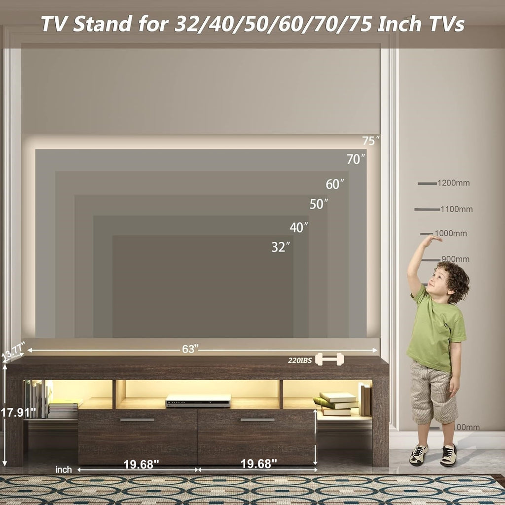 DFW Modern LED TV Stand with Large Storage Drawer for 40 50 55 60 65 70 75 Inch TVs, Brown Wood Farmhouse TV Console with Glossy Entertainment Center for Living Room, Bedroom