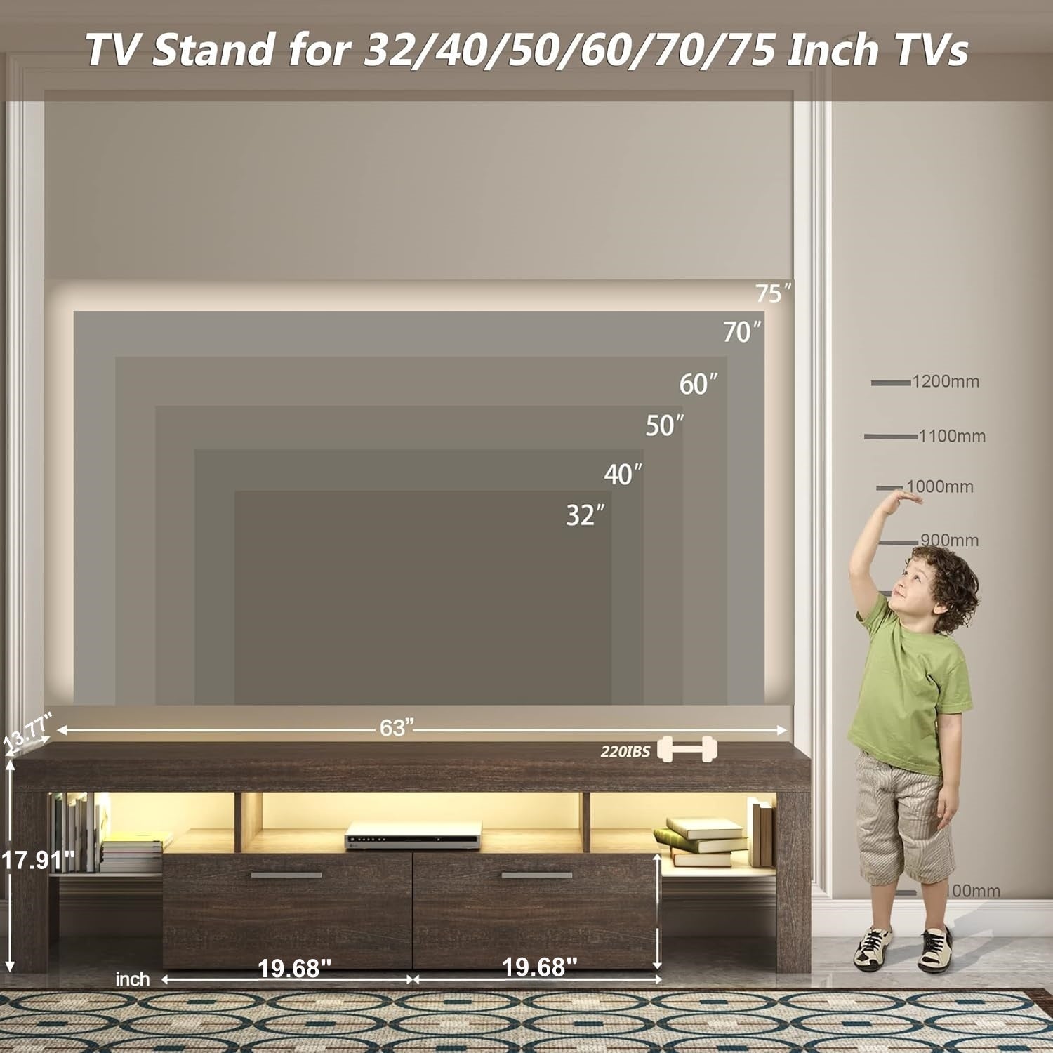 DFW Modern LED TV Stand with Large Storage Drawer for 40 50 55 60 65 70 75 Inch TVs, Brown Wood Farmhouse TV Console with Glossy Entertainment Center for Living Room, Bedroom