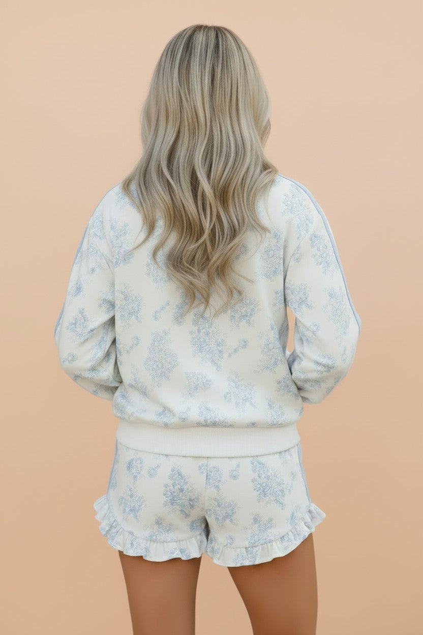 Floral Striped Side Detail Ruffle Hem Top & Shorts Set