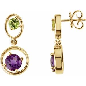 14K Yellow Gold Natural Amethyst & Natural Peridot Geometric Earrings