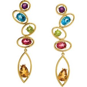 14K Yellow Gold Natural Amethyst, Natural Swiss Blue Topaz, Natural Peridot, Natural Pink Tourmaline & Natural Citrine Earrings – image 3