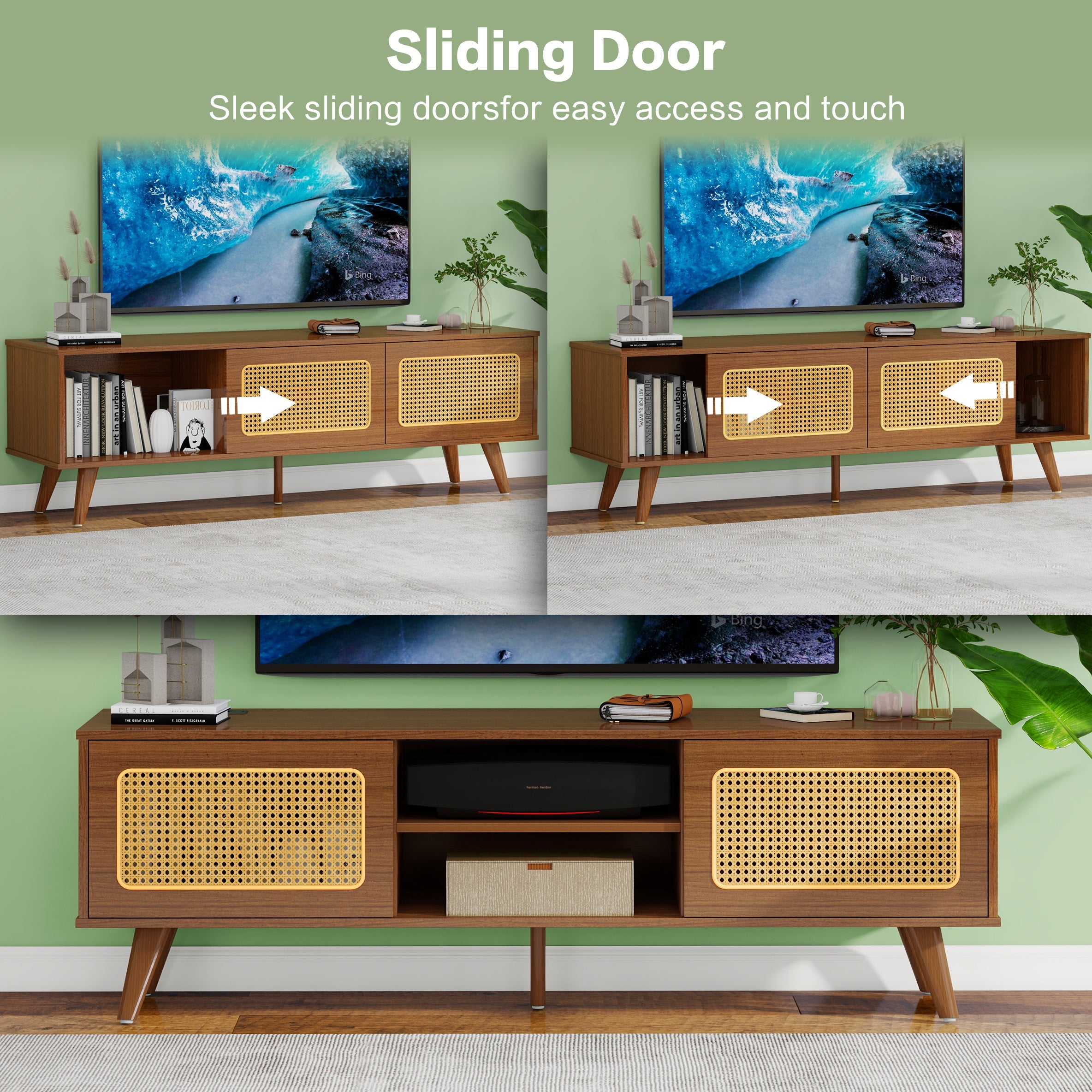 Mid Century Modern Rattan TV Stand for 55/60/65 inch TV , Entertainment Cabinet, Media Console for Living Room Bedroom Media Room, Solid Wood Feet & Rattan Cabinet Doors  (Walnut, 59')