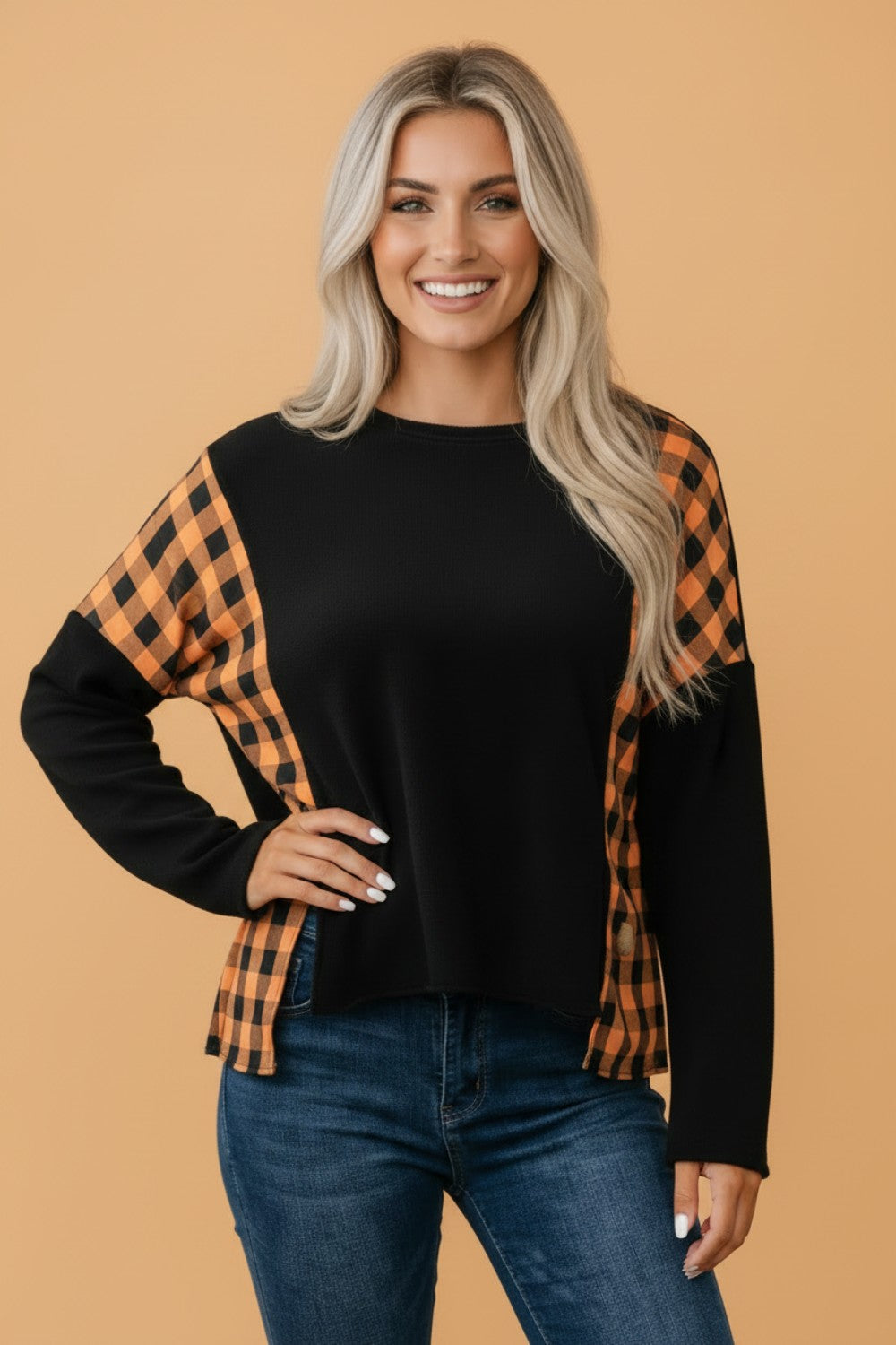 Halloween Pumpkin Gingham Patchwork Long Sleeve Top