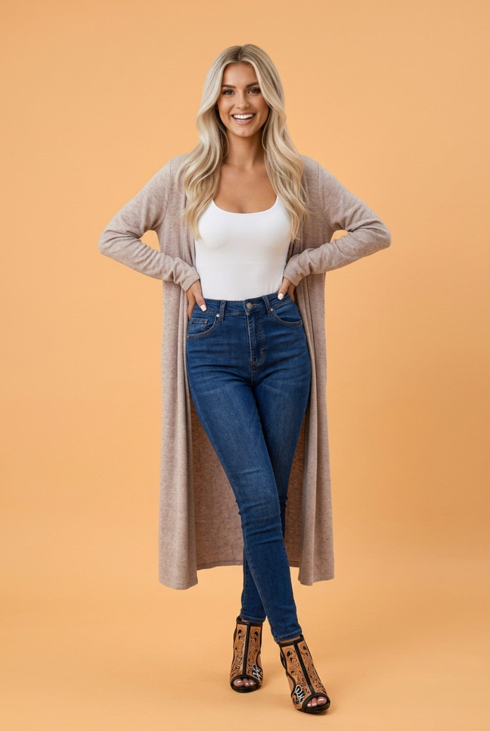 Solid Long Sleeve Open Front Tunic Cardigan
