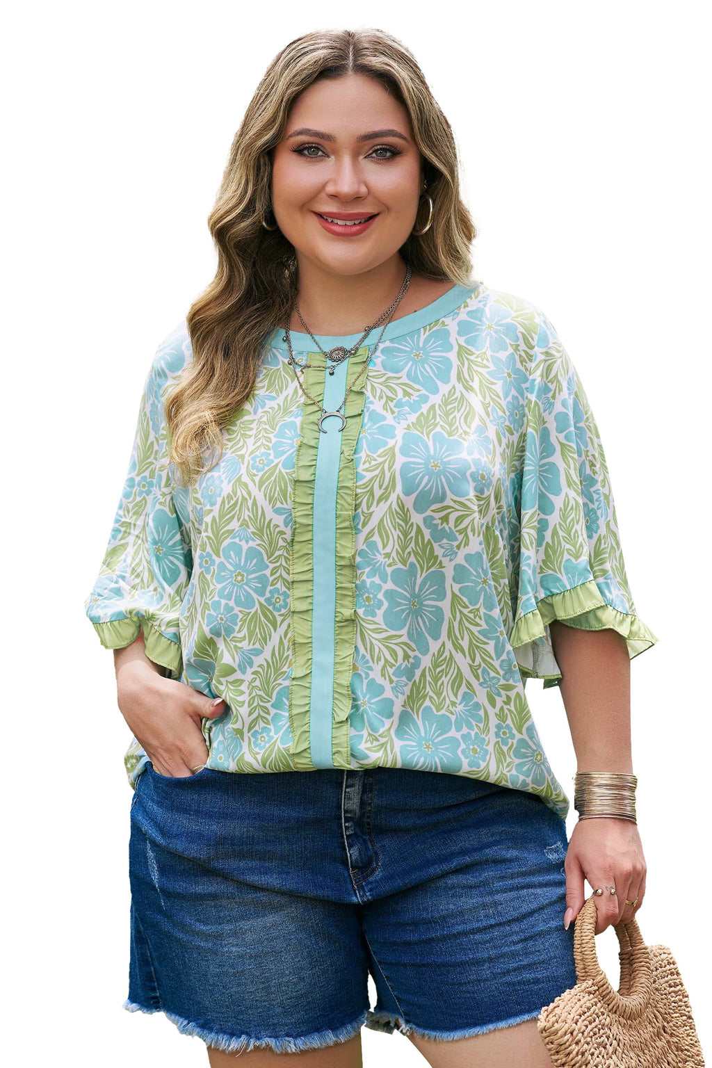 Plus Size Floral Frilled Colorblock Trim Blouse