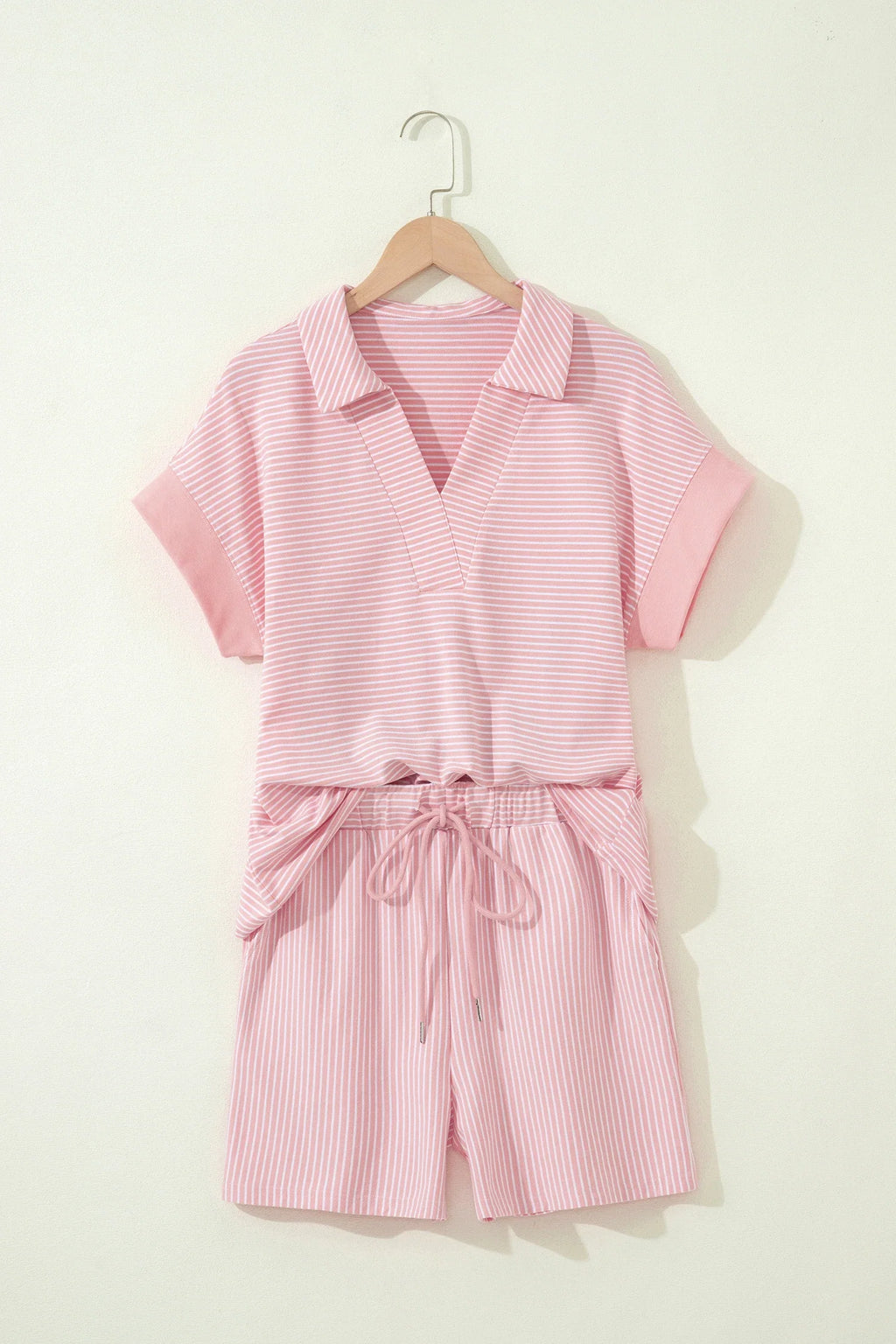 Stripe Dolman Sleeve Polo Shirt & Drawstring Shorts Set
