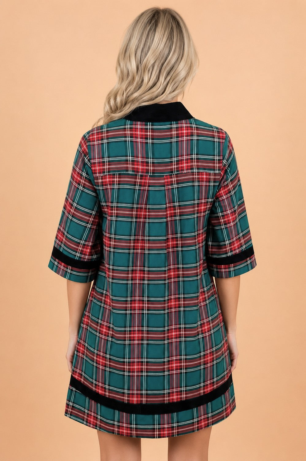 Plaid Velvet Contrast Trim 3/4 Sleeve Mini Dress