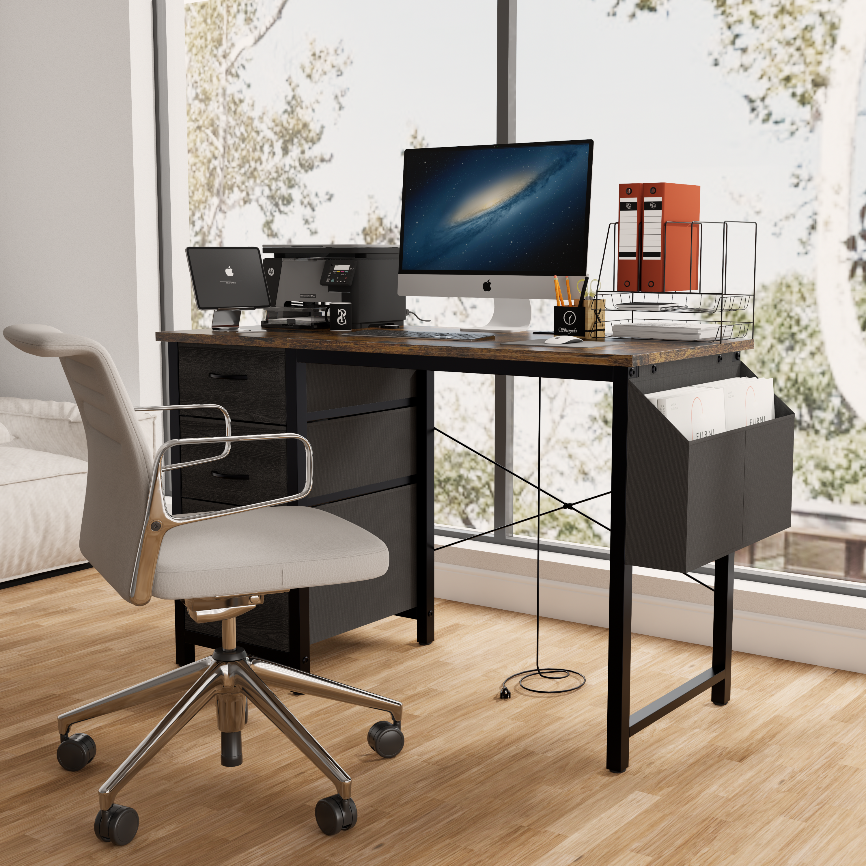 47.3'office desk with power outlet,3drawers and Side Pocket, Easy to Assemble,Frame stability Reversible for Home Office Study,Rustic Brown