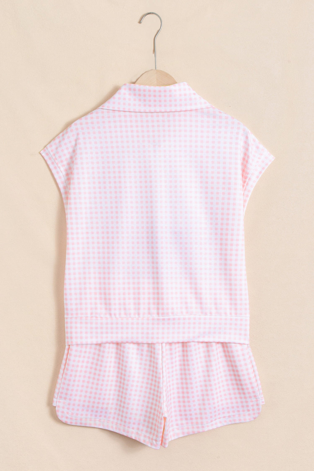 Gingham Half Zip Top & Elastic Waist Shorts Set