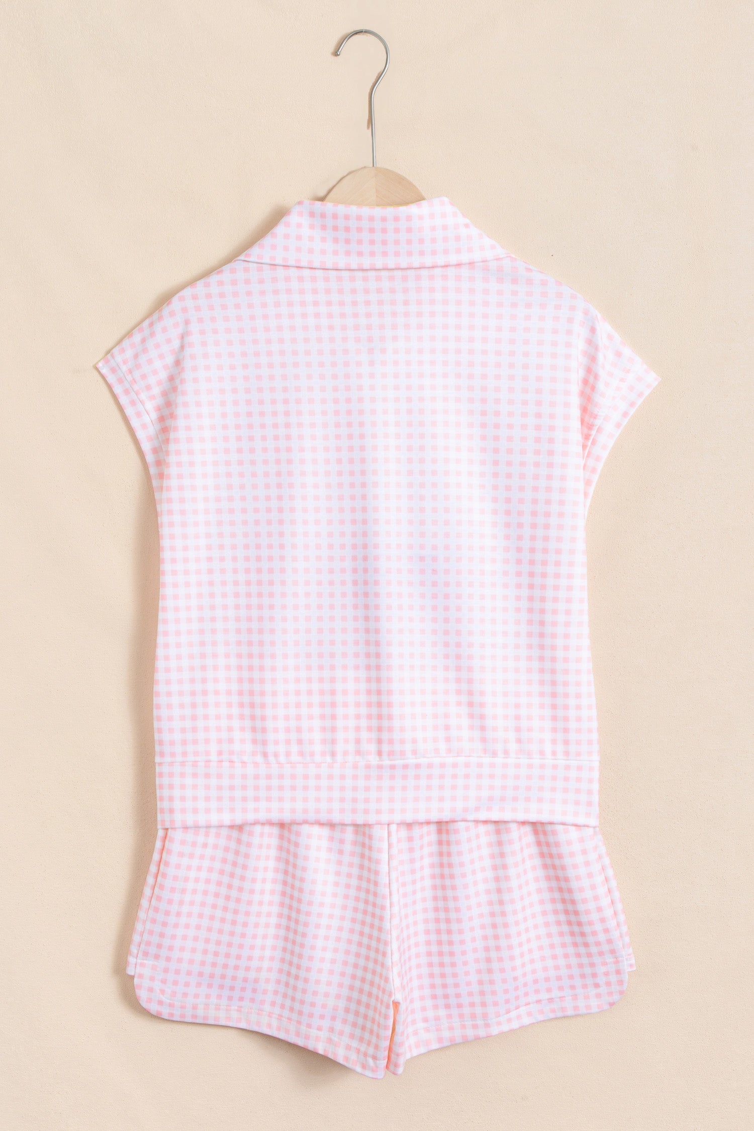 Gingham Half Zip Top & Elastic Waist Shorts Set