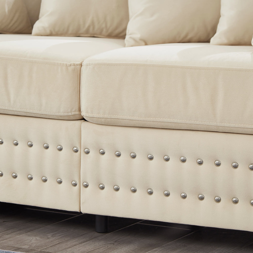Modern Design Living Room Sofa Square armrest with Silver Nails Decoration Upholstered Velvet Couch Apricot