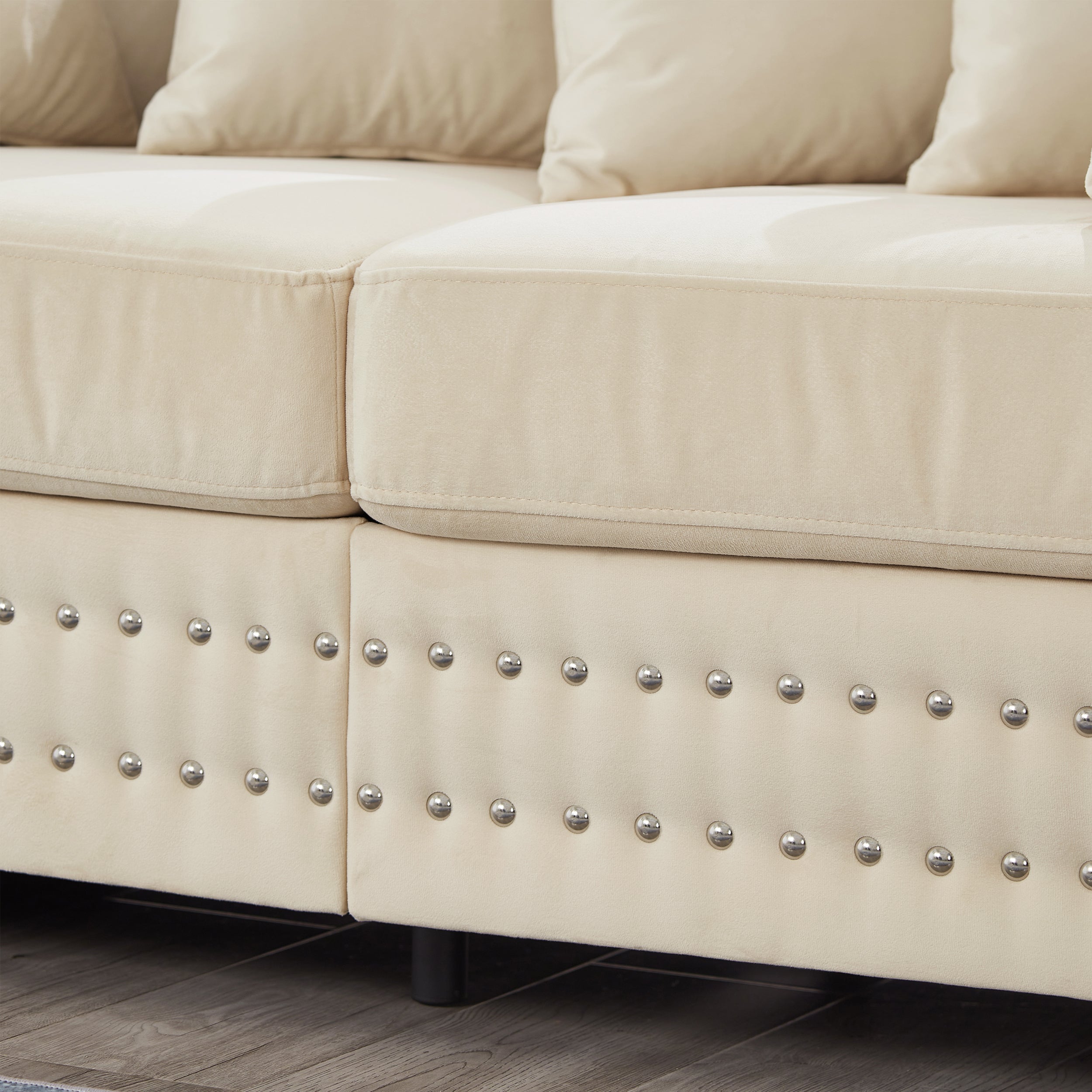 Modern Design Living Room Sofa Square armrest with Silver Nails Decoration Upholstered Velvet Couch Apricot