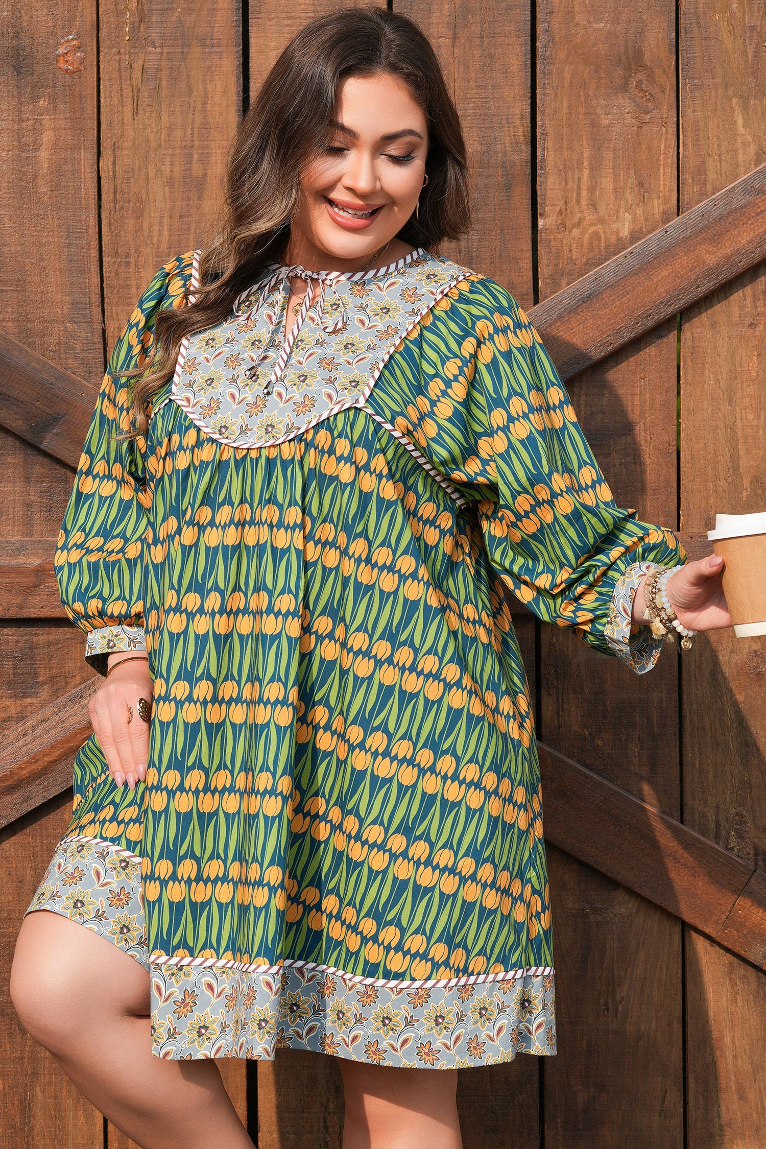 Plus Size Floral Stripe Trim 3/4 Sleeve Mini Dress