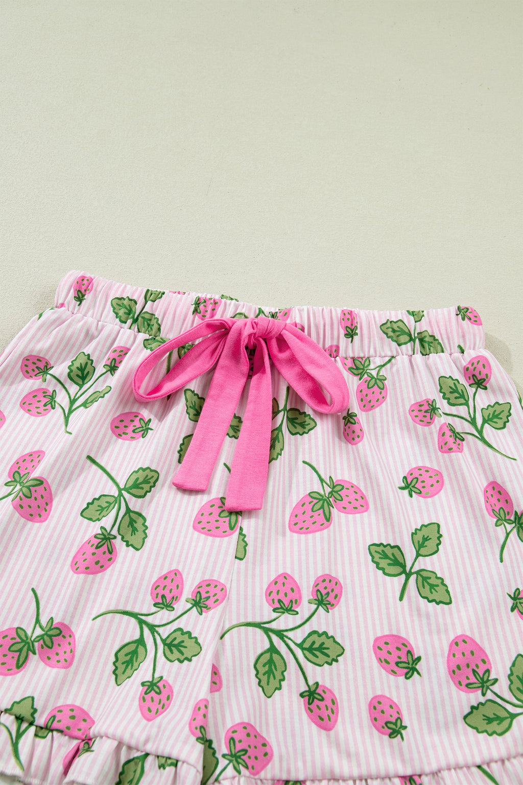 Stripe Strawberry Lapel Shirt & Drawstring Shorts Set