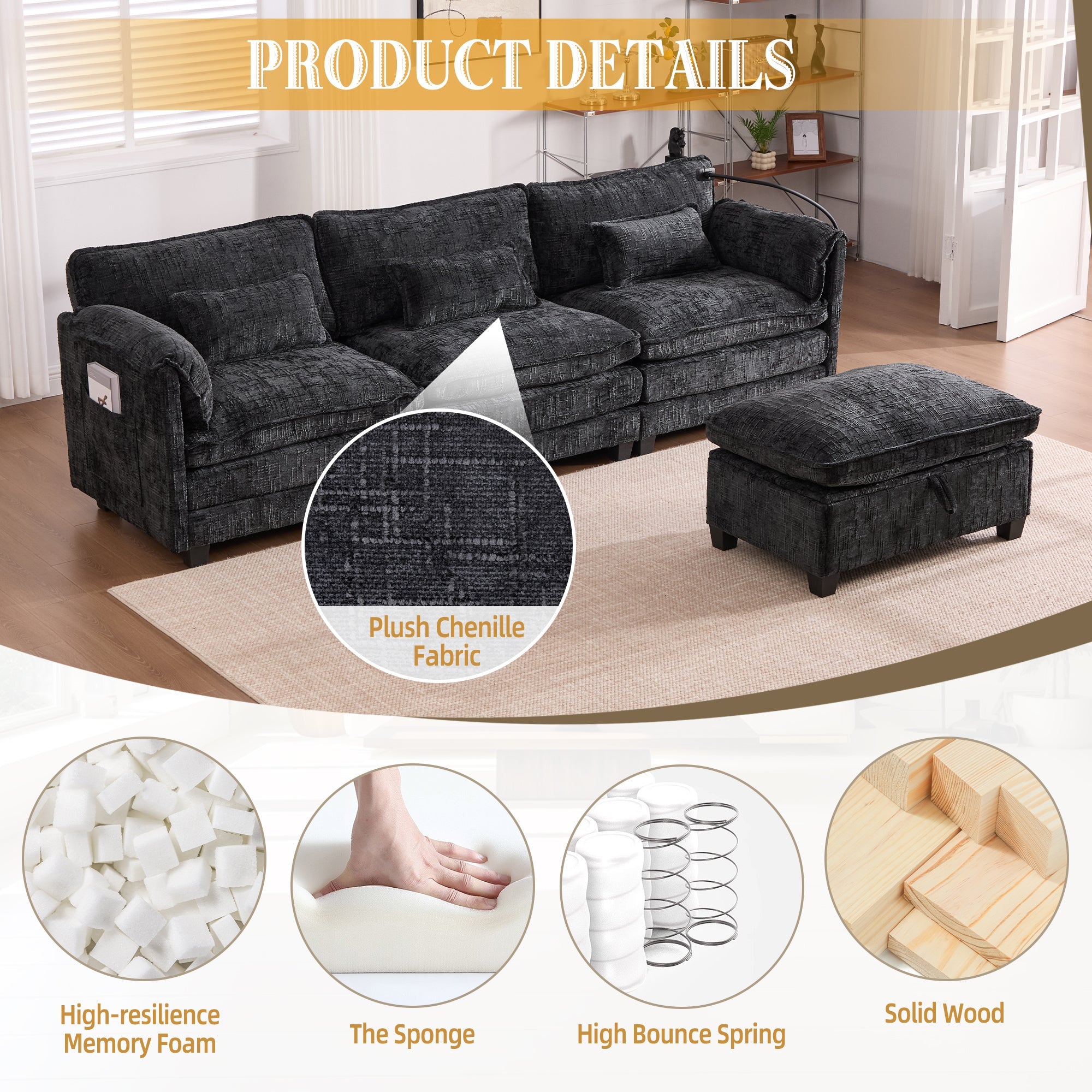 UNITED WE WIN 112' Oversized Sectional Sofa Cloud Couch for Living Room, Modern Chenille L Shaped Couch, Comfy Boucle Modular Sofa Sleeper with Movable Storage Ottoman, Phone Holder, USB Charging Port