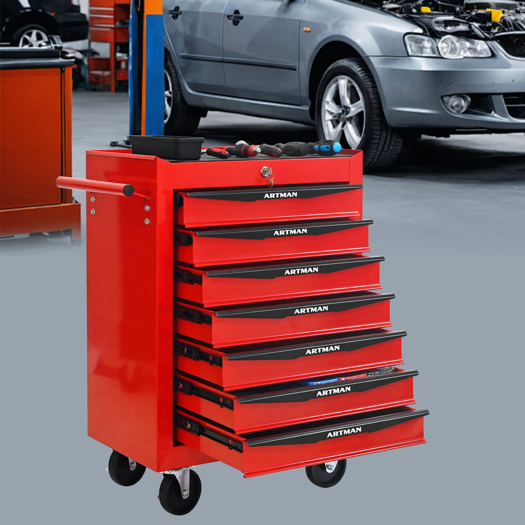 Rolling Metal Tool Chest with 7 Drawers, 20' Steel Storage Cabinet with Ball Bearing Slides, Red and Black Finish
