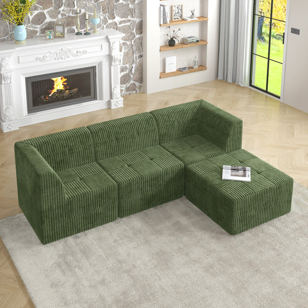 L shape Modular Sectional Sofa, Compressed Sectional Sofa Modern Minimalist Style Corduroy Couch, Sleeper Sofa for Living Room, Bedroom, Comfy Compressed Sofa Couch Space-Efficient Design-GREEN