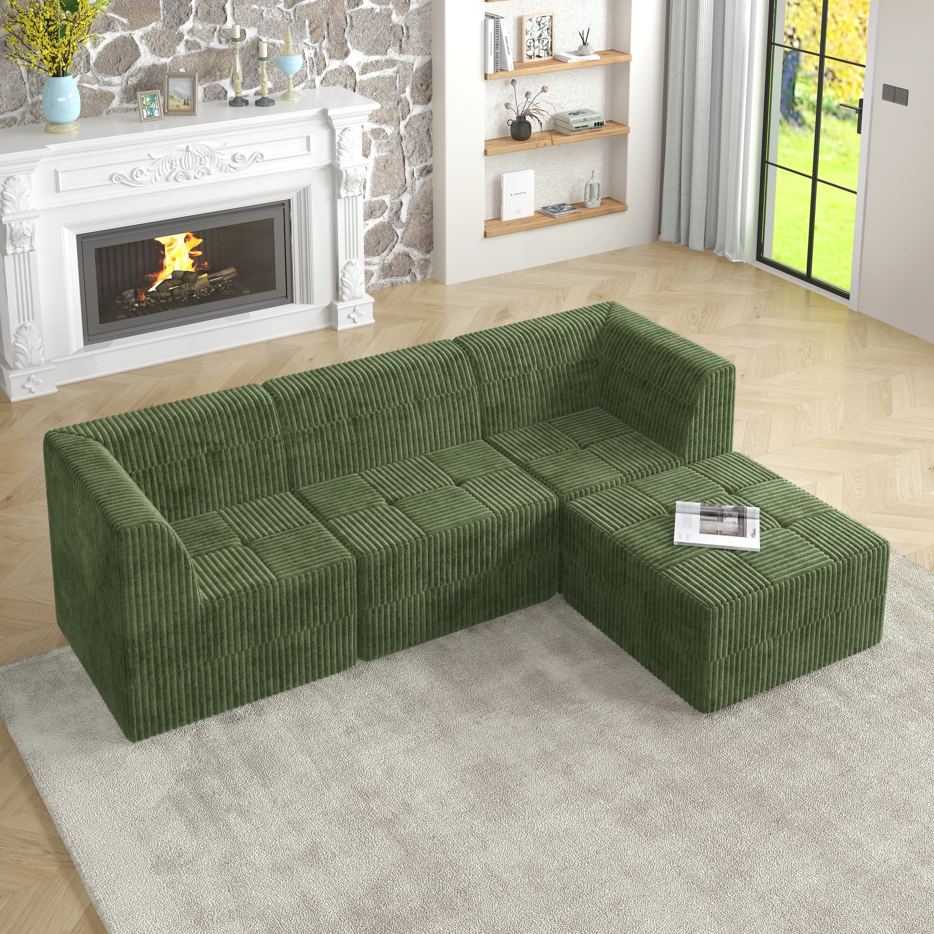 L shape Modular Sectional Sofa, Compressed Sectional Sofa Modern Minimalist Style Corduroy Couch, Sleeper Sofa for Living Room, Bedroom, Comfy Compressed Sofa Couch Space-Efficient Design-GREEN